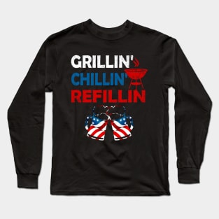 Grillin Chillin and Refillin Funny BBQ Beer Drinking Graphic Long Sleeve T-Shirt